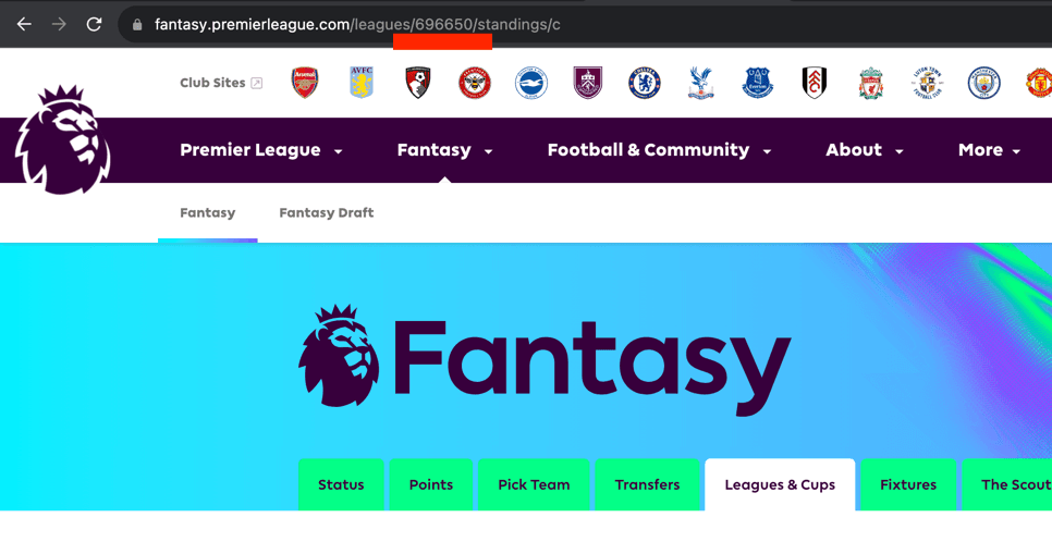 Screenshot of offical fantasy football league page, with league id in url highlighted